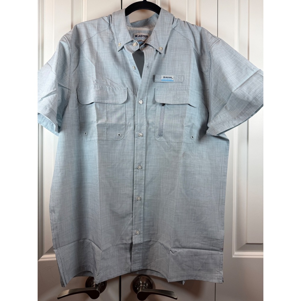 XCaster Outdoor Mens Fishing Shirt Blue Short Sleeve Ventilated Button Down L